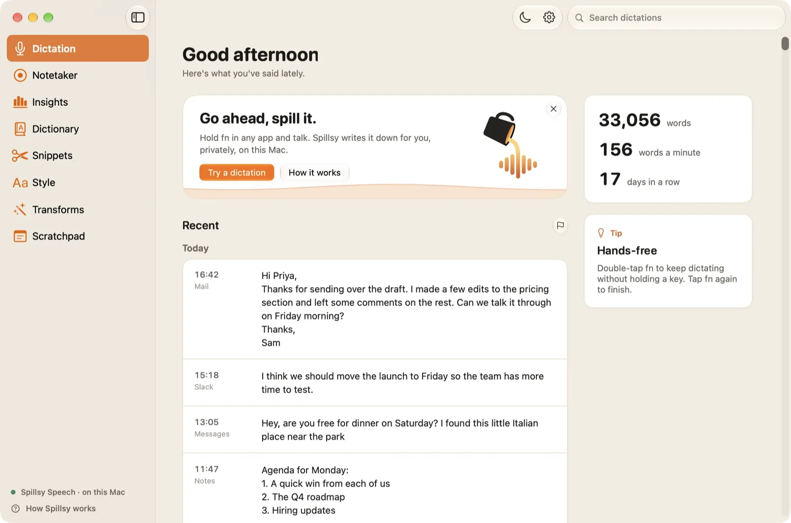 Spillsy’s Home page: today’s dictations from Mail, Slack and Messages, with word count, speed and streak